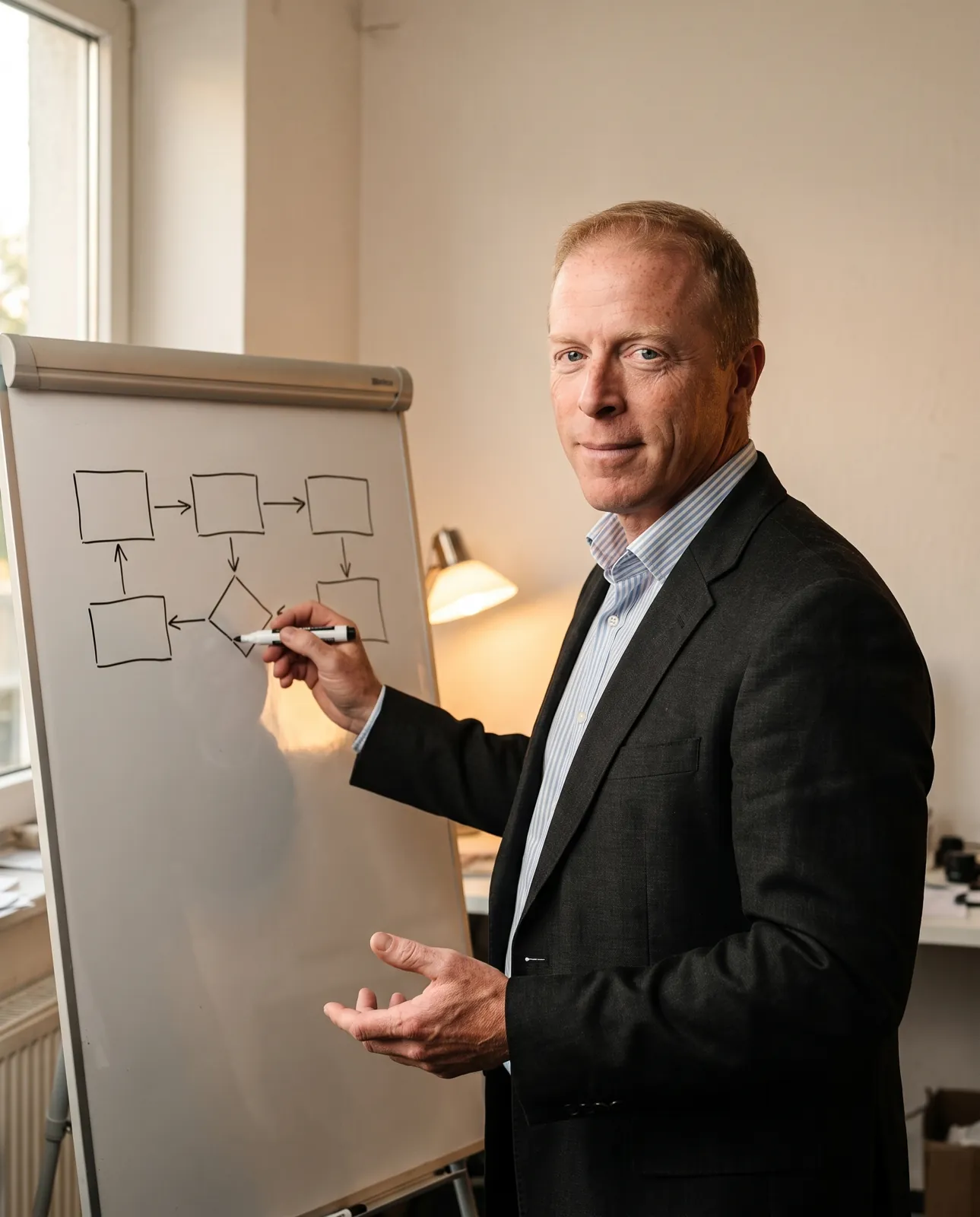 Thilo Krause an einem Whiteboard, auf dem er einen Arbeitsablauf skizziert